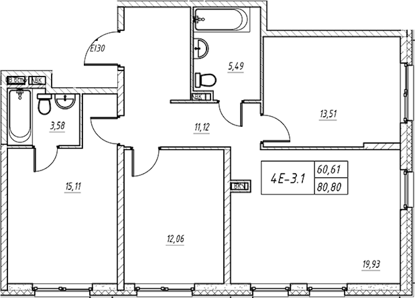 3-комнатная квартира 81.16 м², 5/14 эт., Комплекс апартаментов «Zoom на Неве»